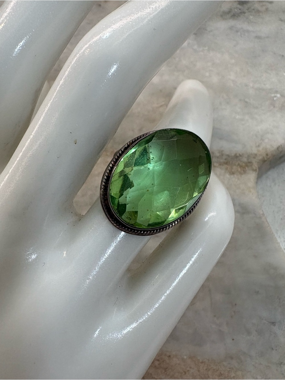 Vintage Sterling Silver Ring with Large Green Oval Stone  - Size 7